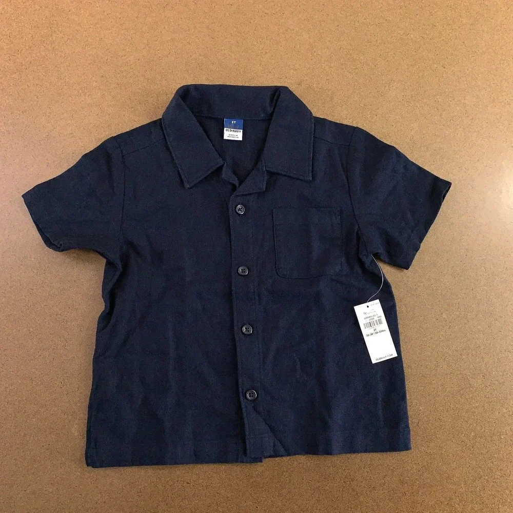 Old Navy Toddler Boy Size 2T Blue Linen-Blend Short Sleeve Pocket Shirt NWT